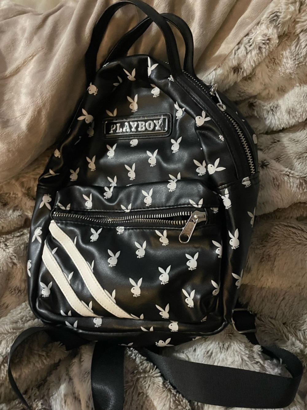 PLAYBOY Black Mini Backpack with White Bunny Print